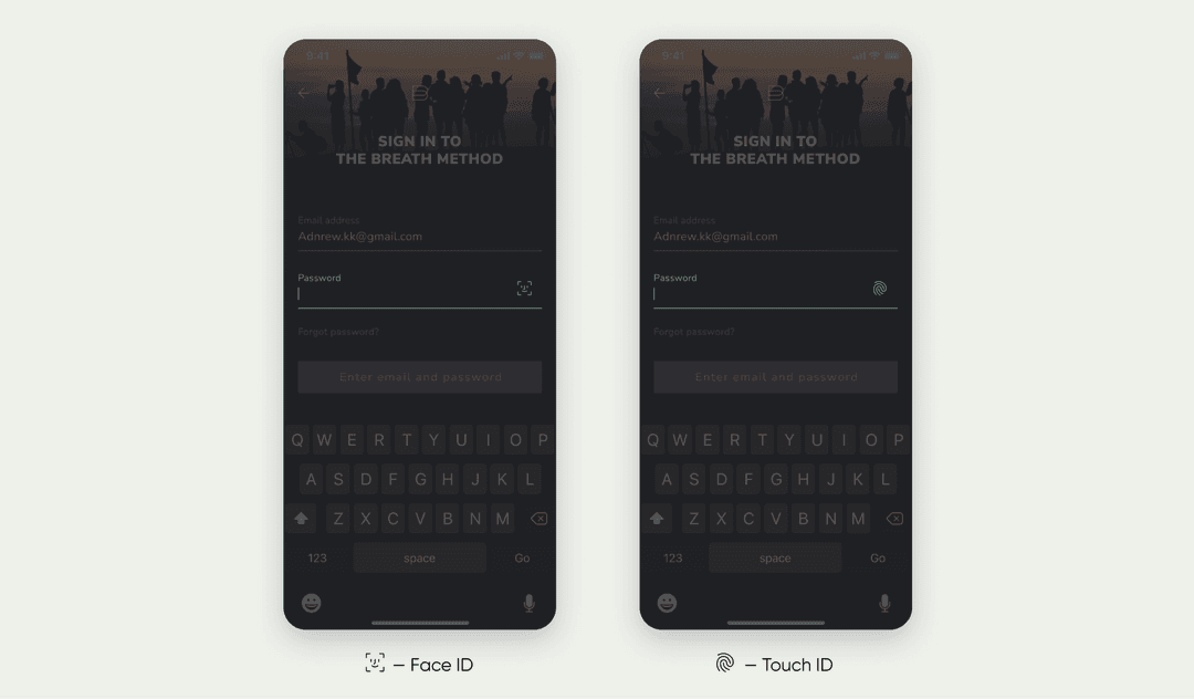 Two sign-in screens for The Breath Method showing Face ID and Touch ID login options