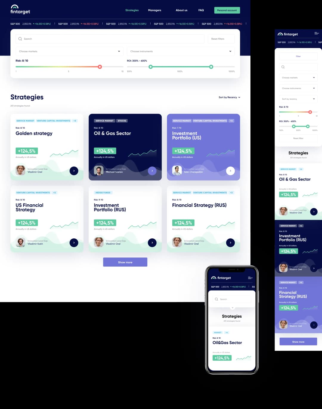Mobile and web app user interface displaying investment strategies