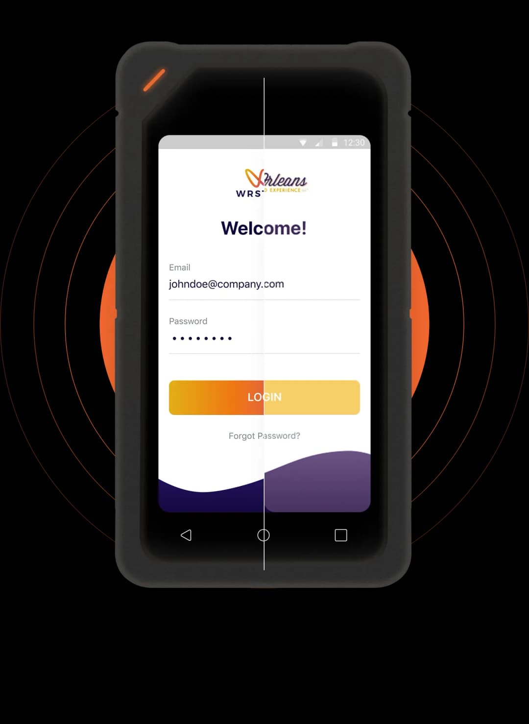 Mobile app login screen with email and password fields