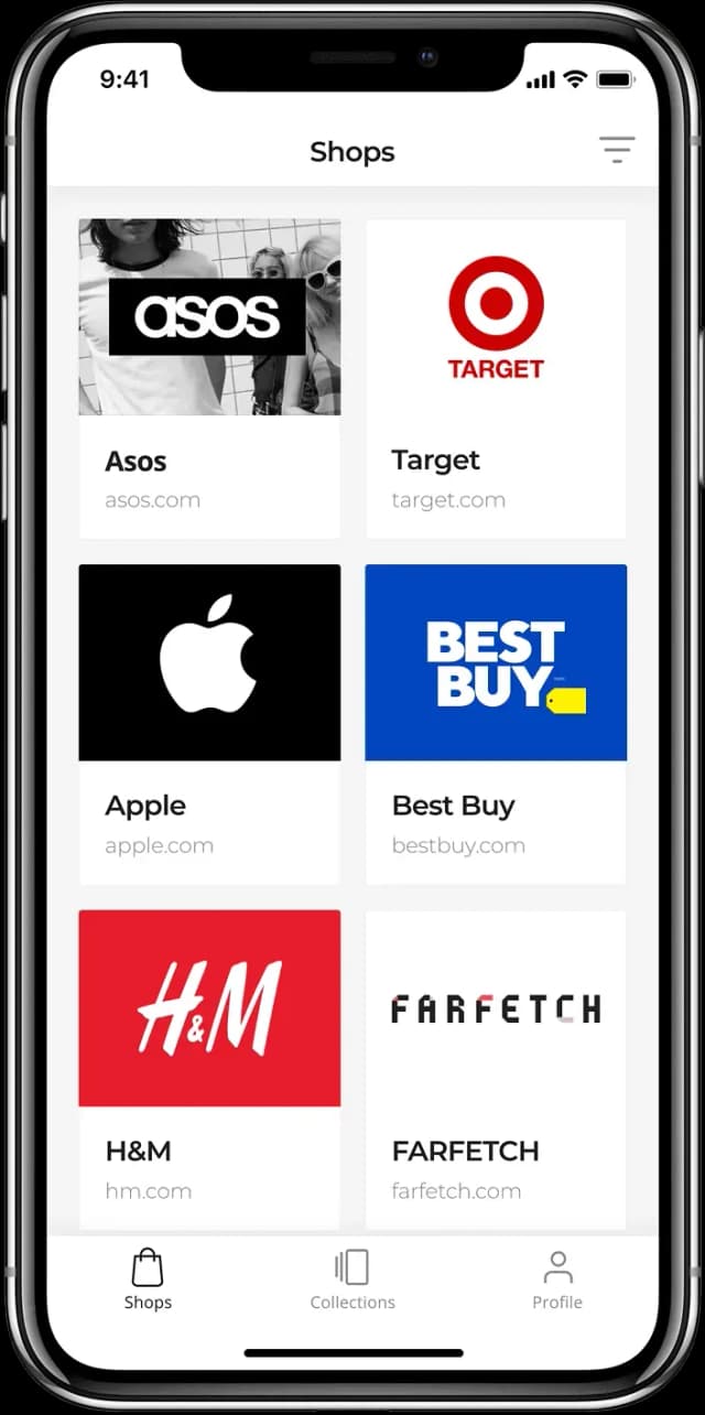 Mobile app shops screen showcasing various brands
