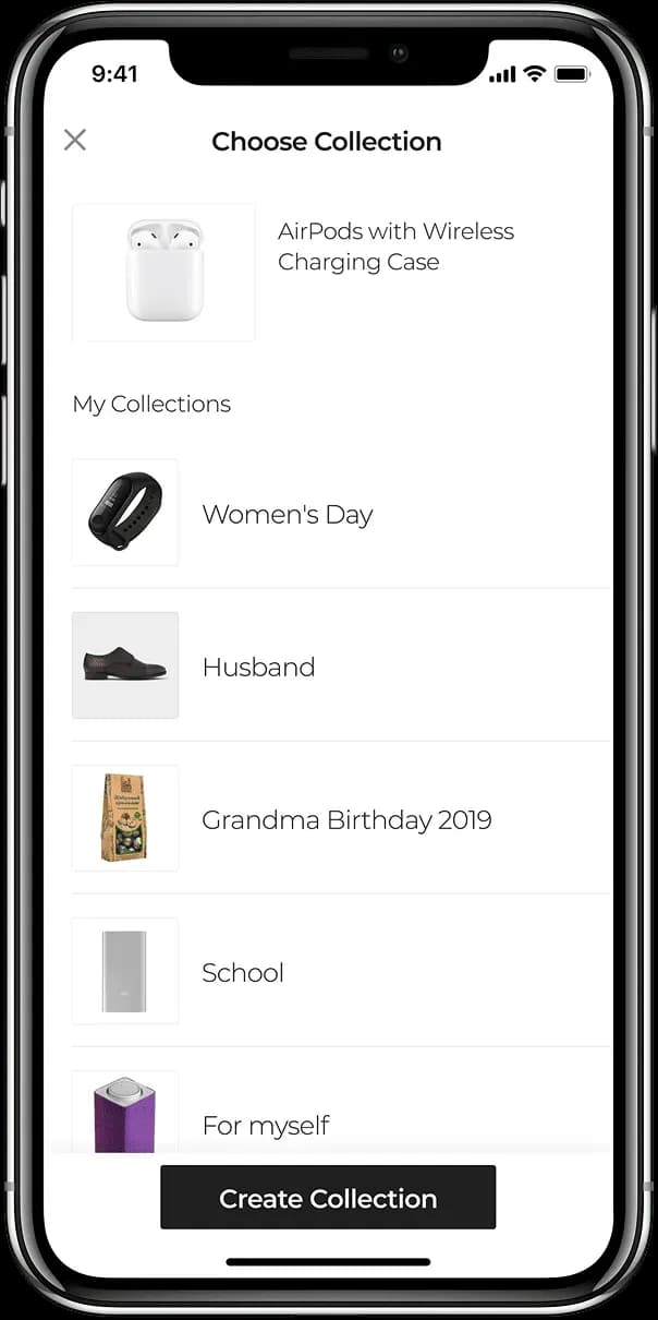 Mobile app collection selection screen