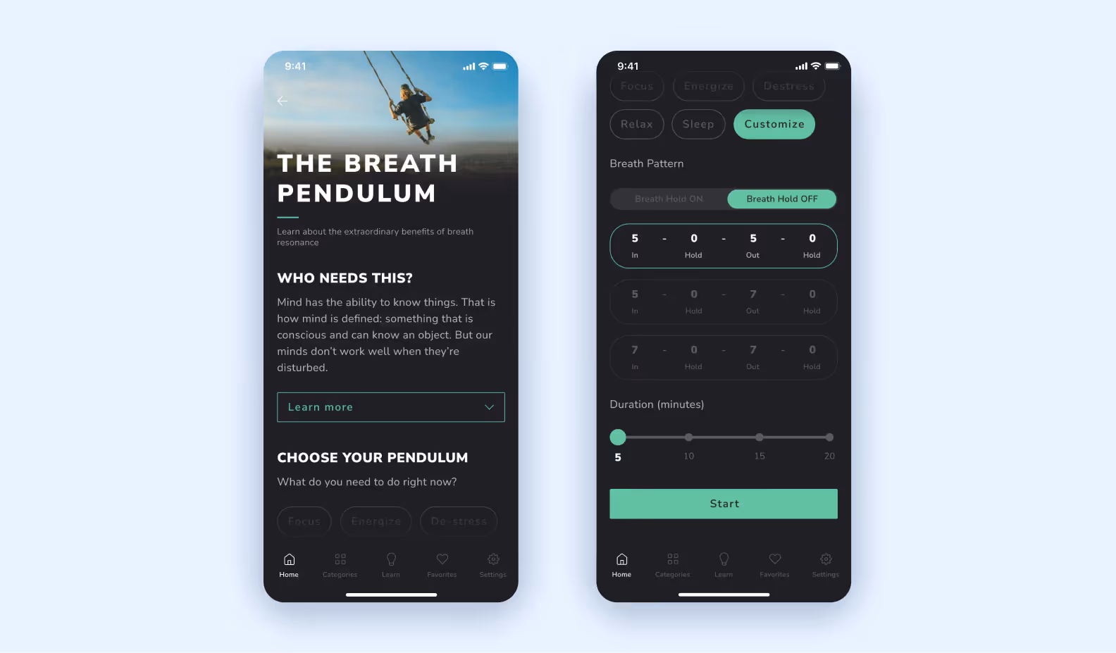 Breath Pendulum app screens: intro article and a customizable breath pattern timer with duration slider