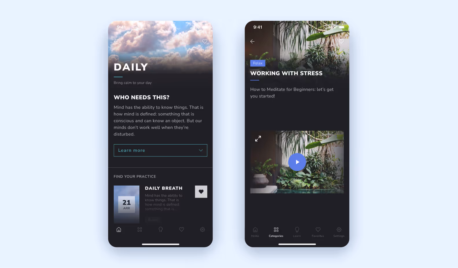 Meditation app screens: Daily calm intro and a Working with Stress lesson with video player