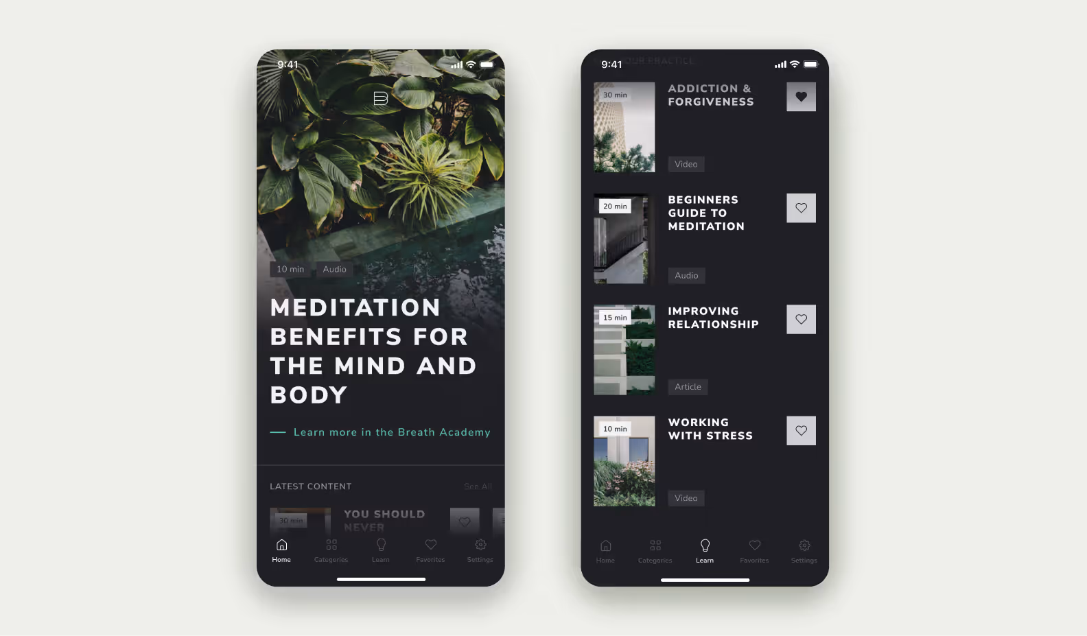 Dark-theme meditation app: home screen with meditation benefits article and a list of practice topics