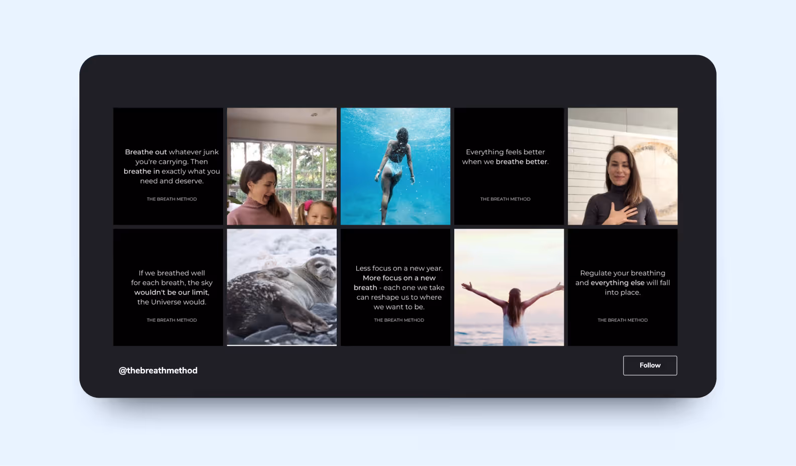 Instagram feed grid of @thebreathmethod mixing photos and dark breathing quote cards