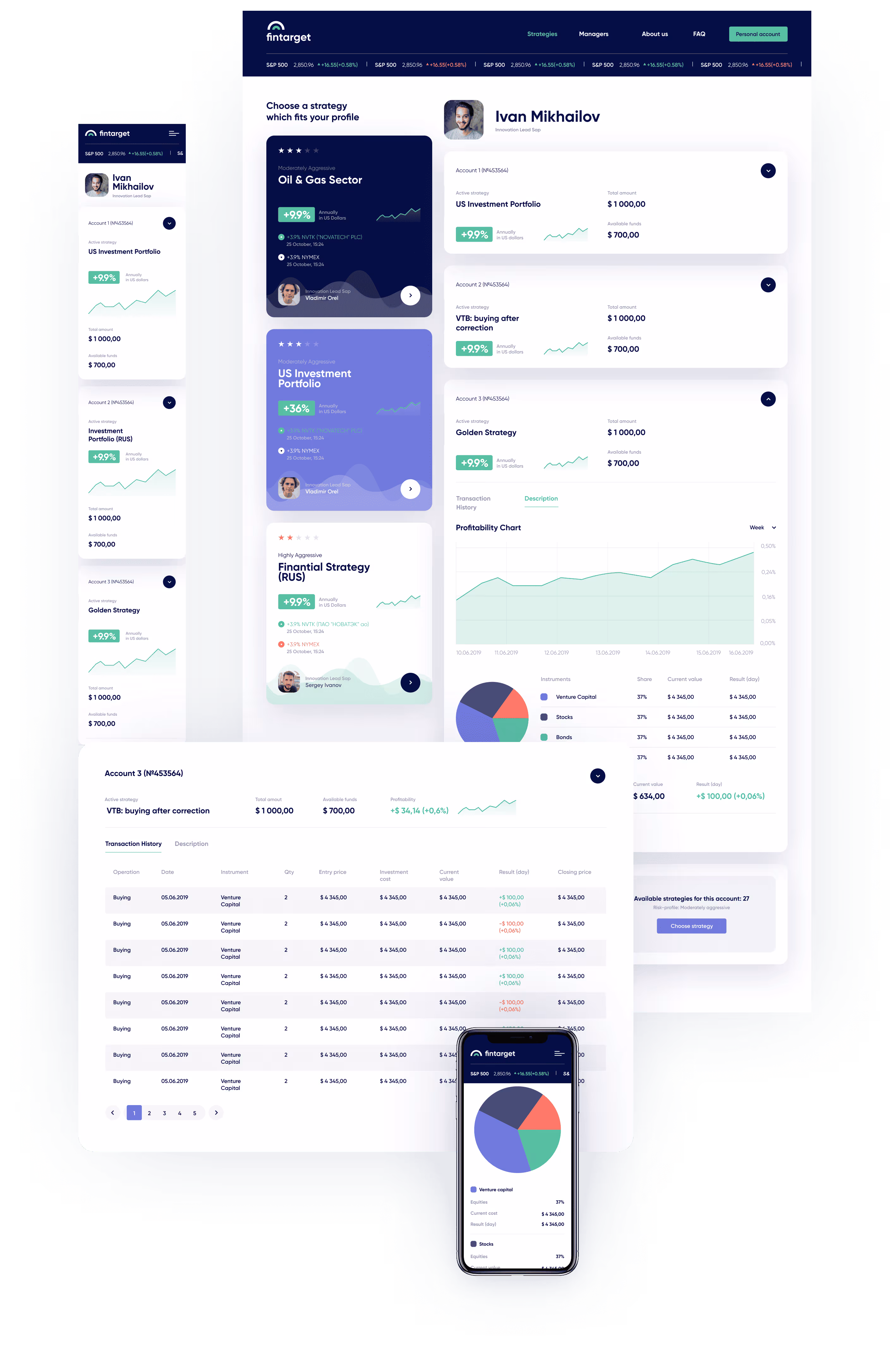 Investment management dashboard UI screenshot