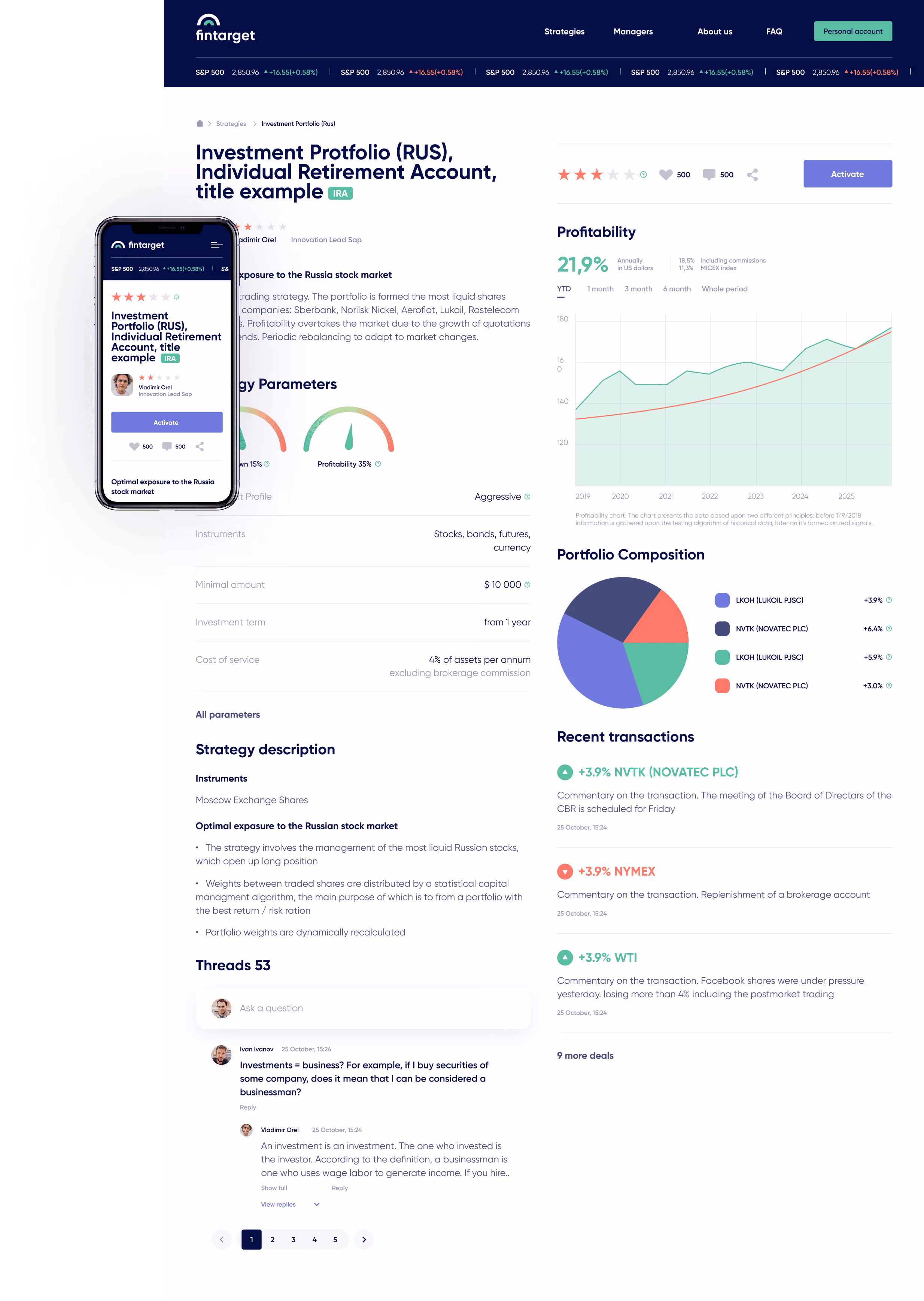 Investment portfolio management screen with performance metrics