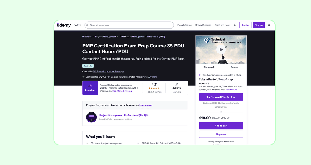 The main page of Udemy’s course on PMP certification