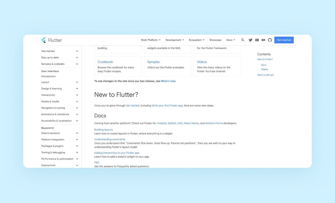 Скриншот документации по Flutter