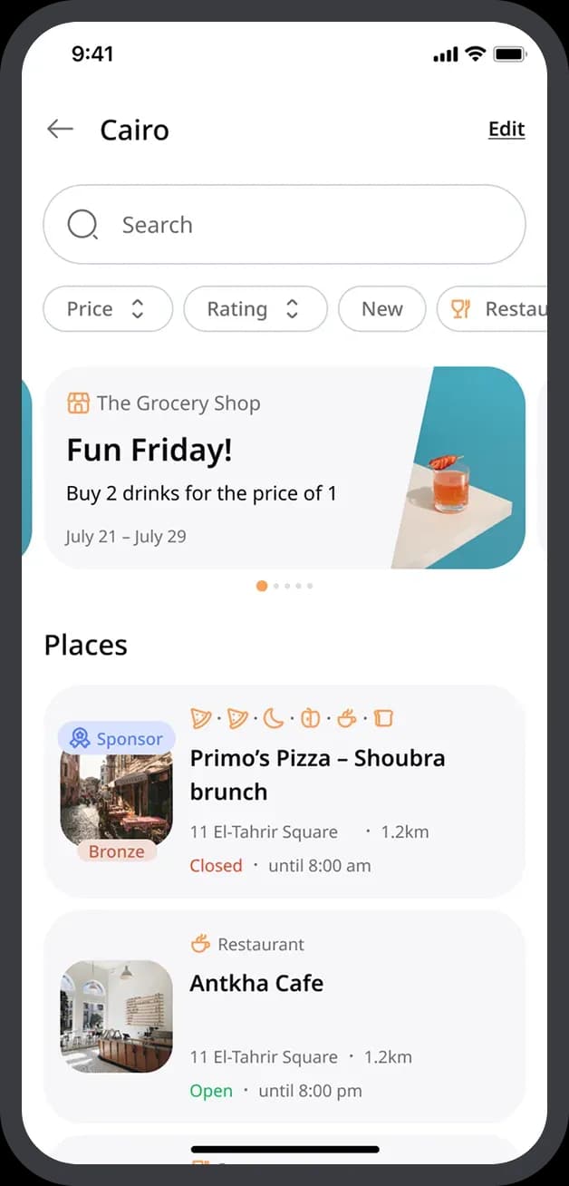 Mobile app restaurant discovery screen