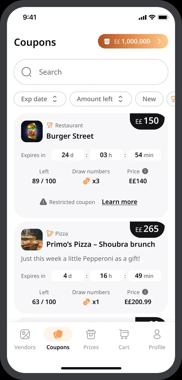 Mobile app coupon management screen