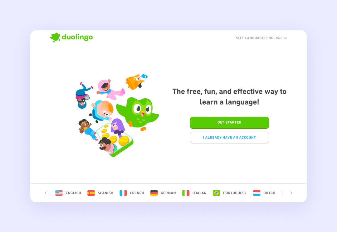 home page of duolingo.com describing the product message of the Duolingo app