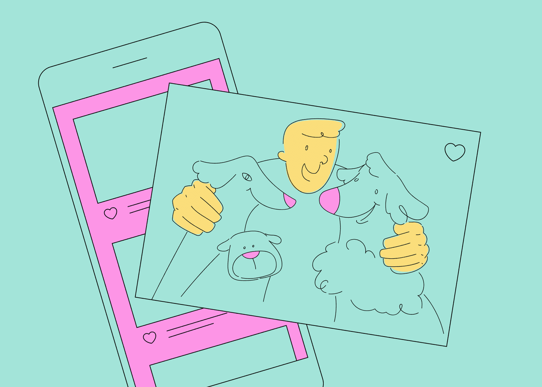 Line-art illustration of a smiling man hugging two dogs next to a phone showing a social photo post