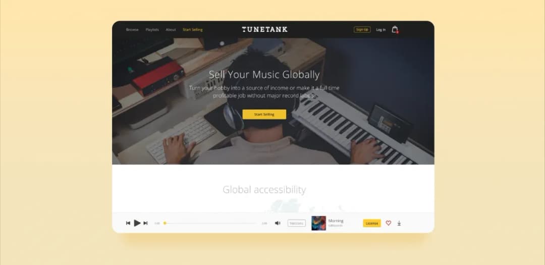 TuneTank music marketplace landing 'Sell Your Music Globally' with hero image and audio player bar