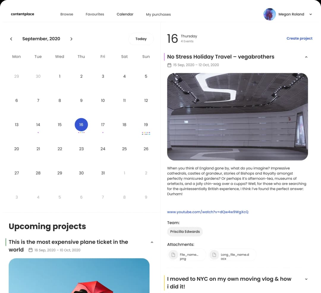 Content management system interface with upcoming events and document details