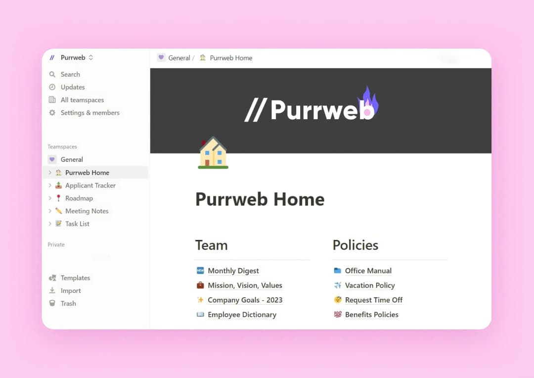 Purrweb team home page in Notion with Team and Policies sections and teamspace sidebar