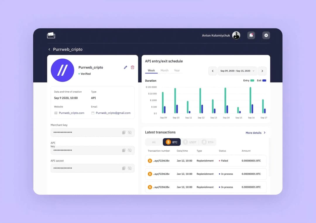 Purrweb_cripto merchant dashboard: masked API keys, entry/exit bar chart and latest BTC transactions