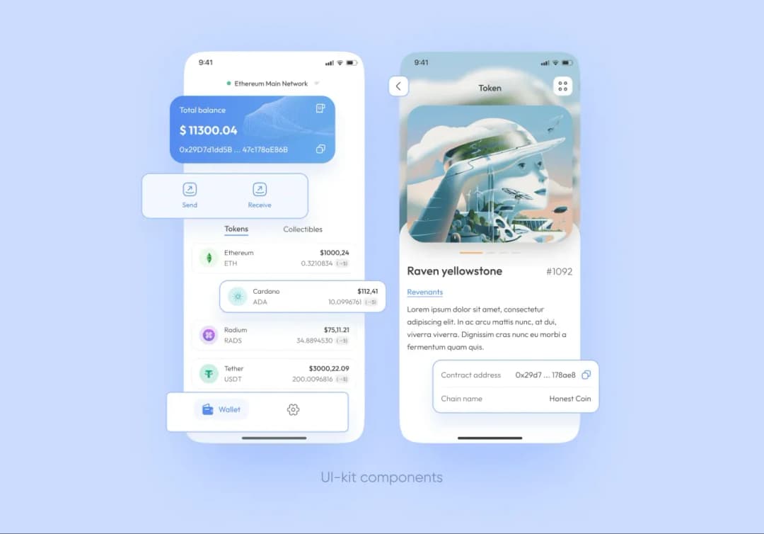 Crypto wallet app UI kit: token balance screen and NFT token detail with contract address