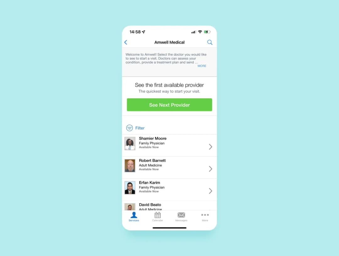 Telehealth provider selection screen
