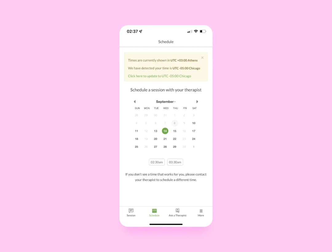 BetterHelp therapist profile with availability and session options