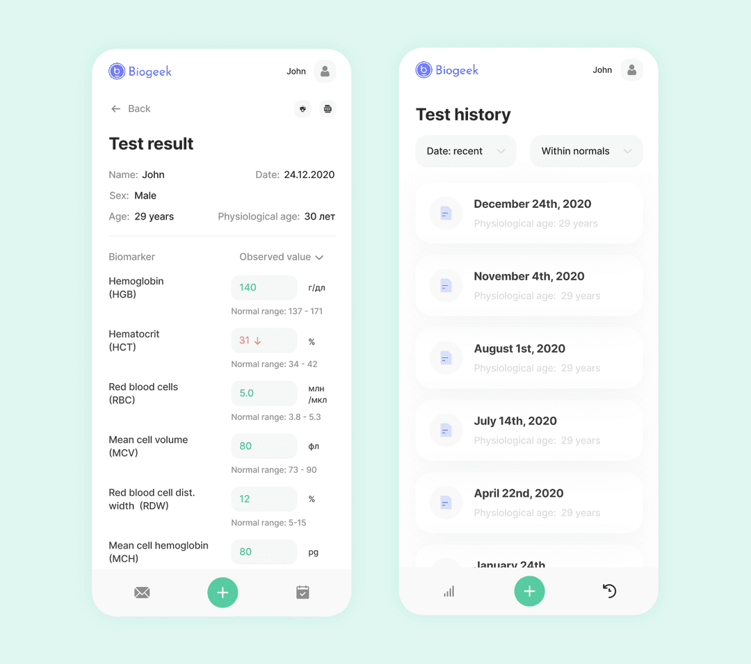 Health application interface showing lab test results