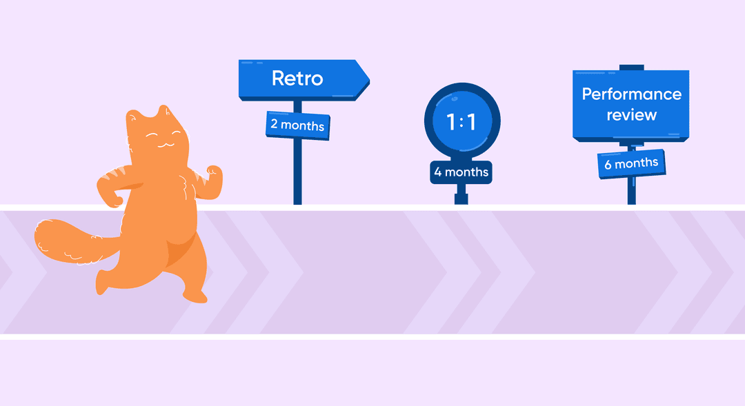 Cat walking past signposts marking HR process cadence: Retro 2 months, 1:1 4 months, Performance review 6 months
