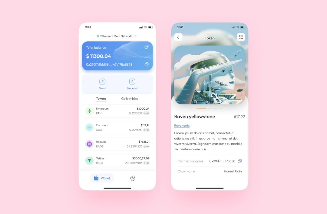 Crypto wallet app: total balance and token list screen next to an NFT token detail screen