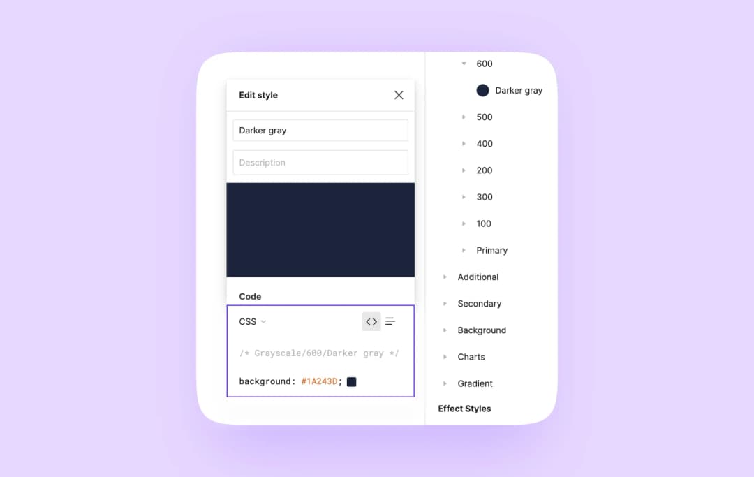 Figma Edit style panel for Darker gray #1A243D swatch beside a grayscale color styles list