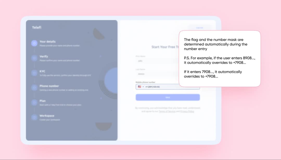 Telefi onboarding phone entry screen with tooltip explaining automatic flag and number mask detection