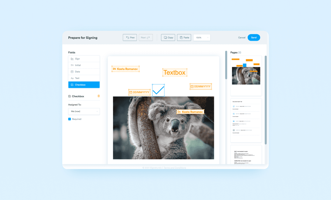 Signaturely Prepare for Signing editor with signature, date and checkbox fields over a koala photo
