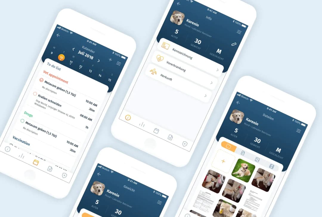 Screens of a pet-care app for Labrador Karenin: to-do calendar, pet info, weight and photo files