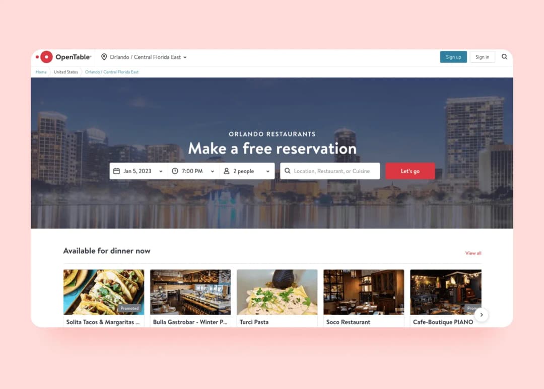 OpenTable homepage for Orlando restaurants with a reservation search bar and dinner listings
