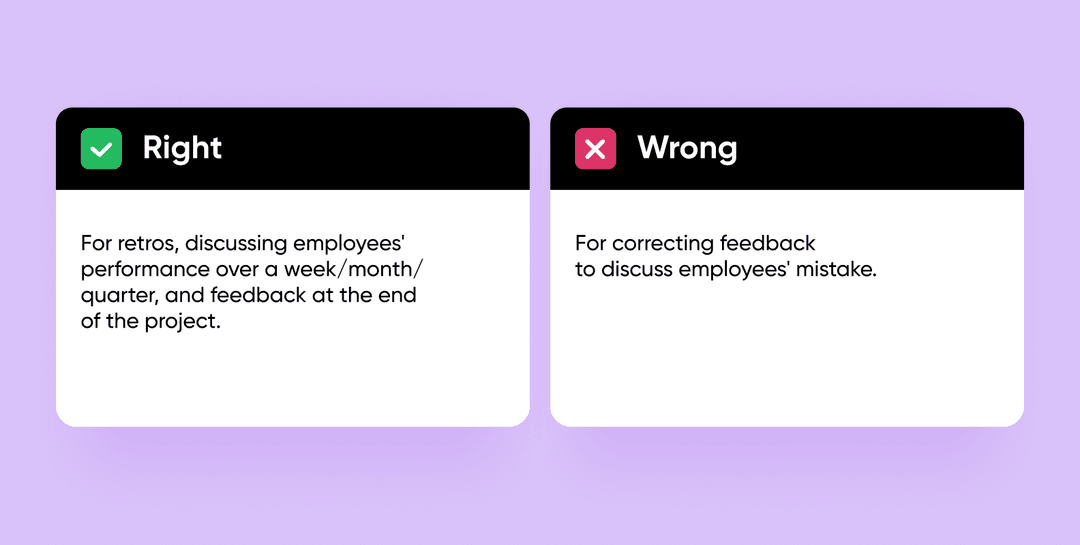 Right vs Wrong card: Sandwich feedback fits retros and project reviews, not correcting mistakes