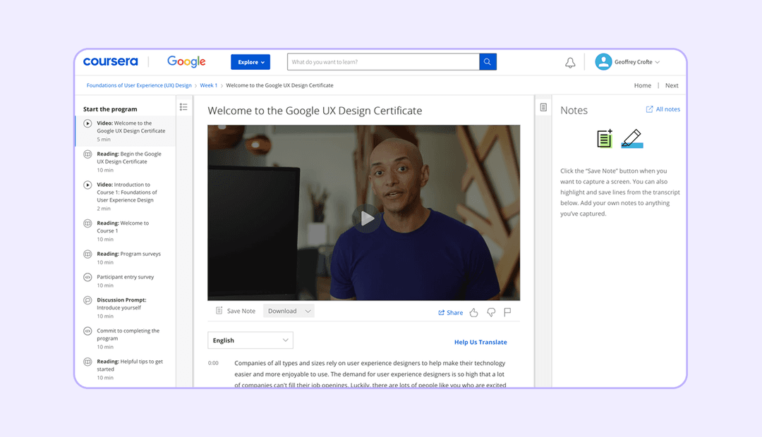A screen of the Google UX design course on Coursera