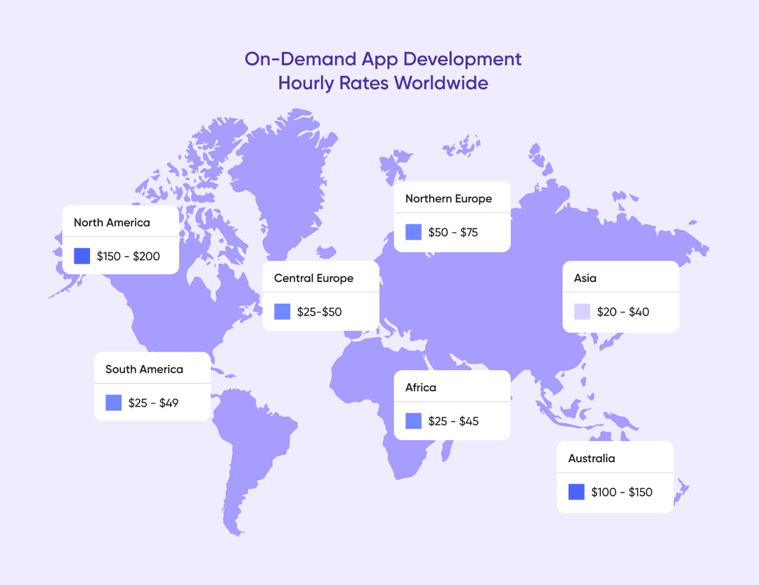 A world map with the average hourly rate of software engineers