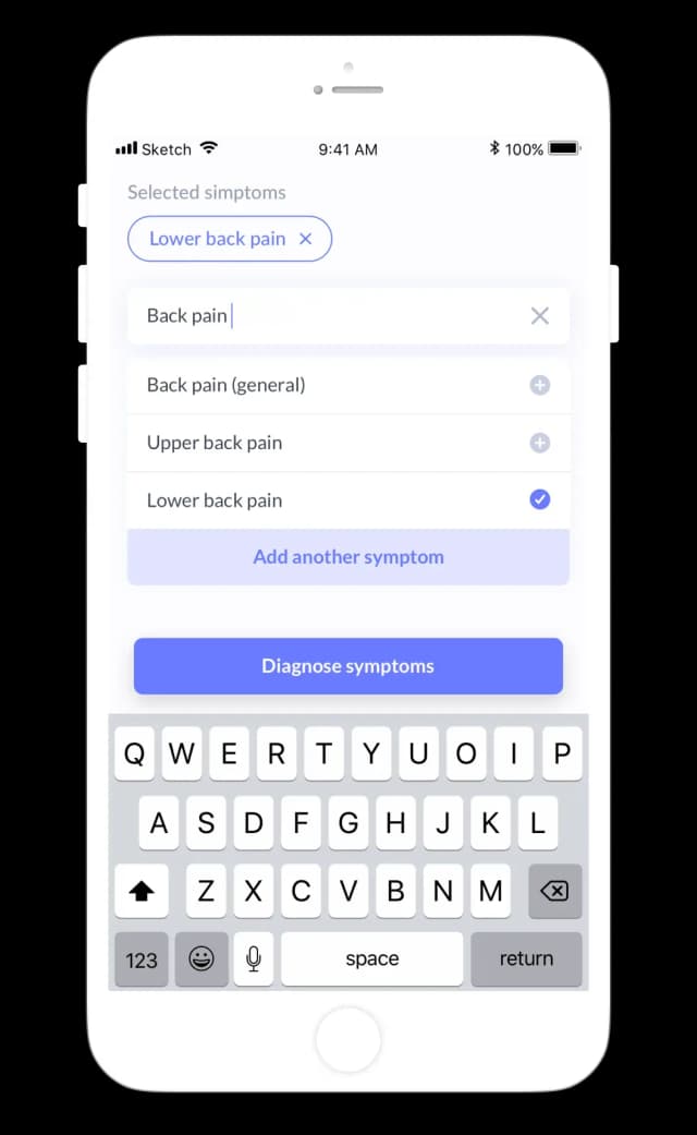 Mobile app symptoms diagnosis screen