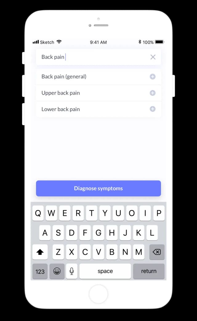 Mobile app symptom diagnosis screen
