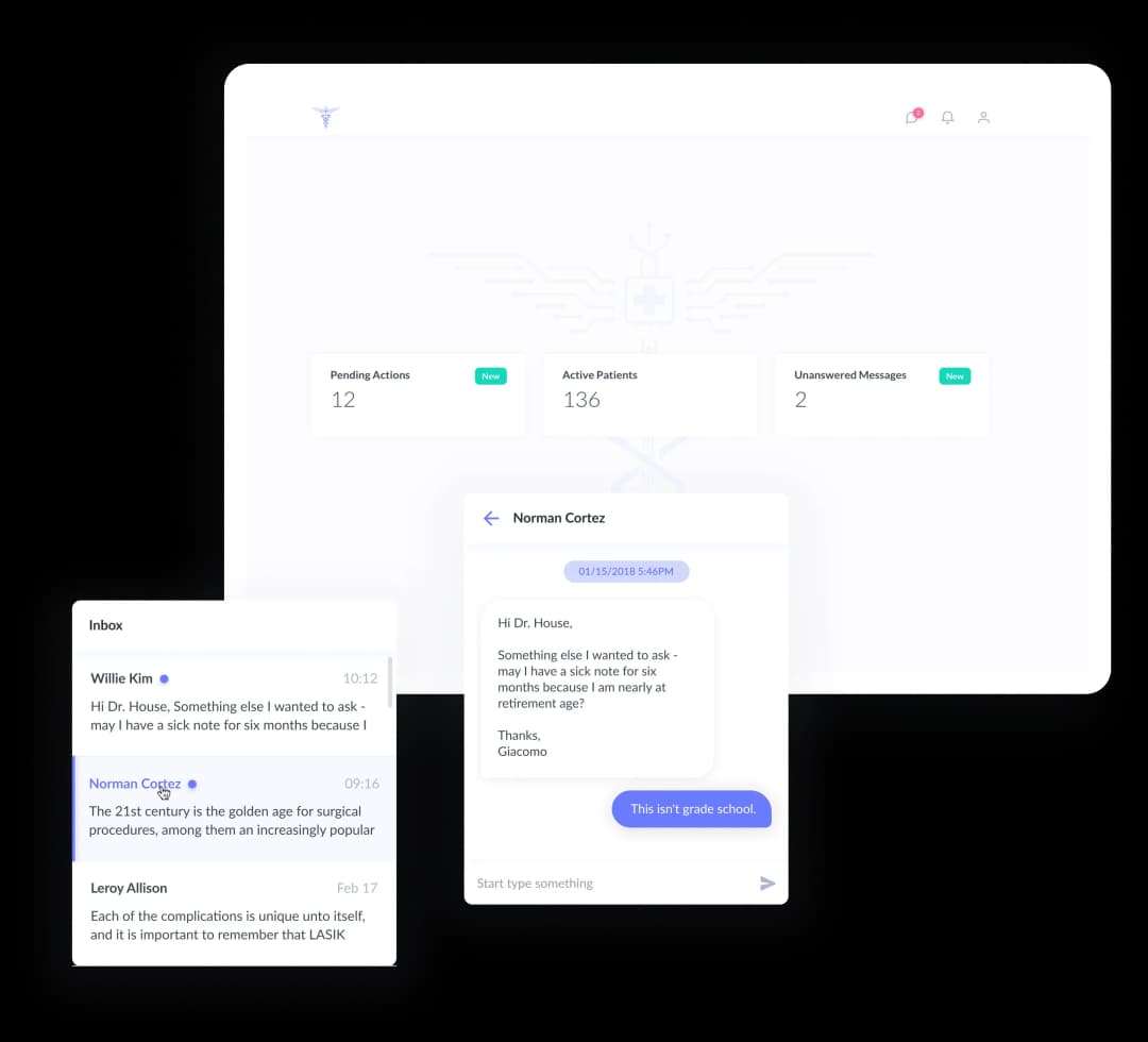 Healthcare management dashboard with patient messages