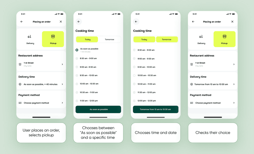 We developed a flow for different user scenarios when choosing the pickup option