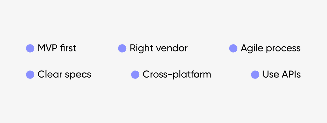 Ways to reduce costs without cutting corners: MVP first, right vendor, Agile process, clear specs, cross-platform, APIs