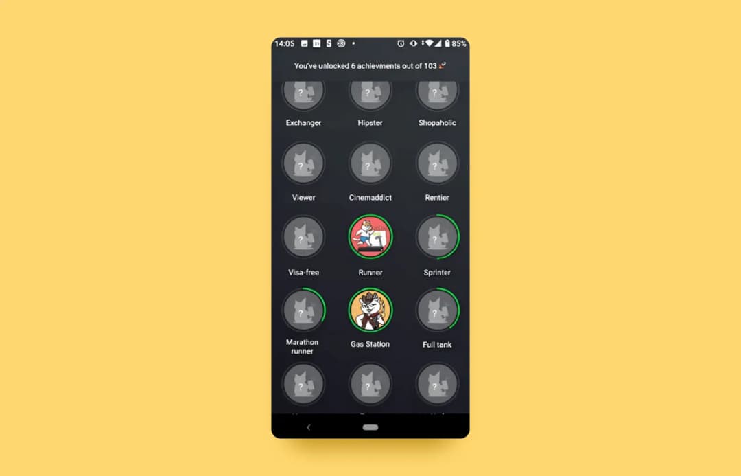 Gamified badges screen reading You've unlocked 6 achievements out of 103 with Runner and Gas Station icons