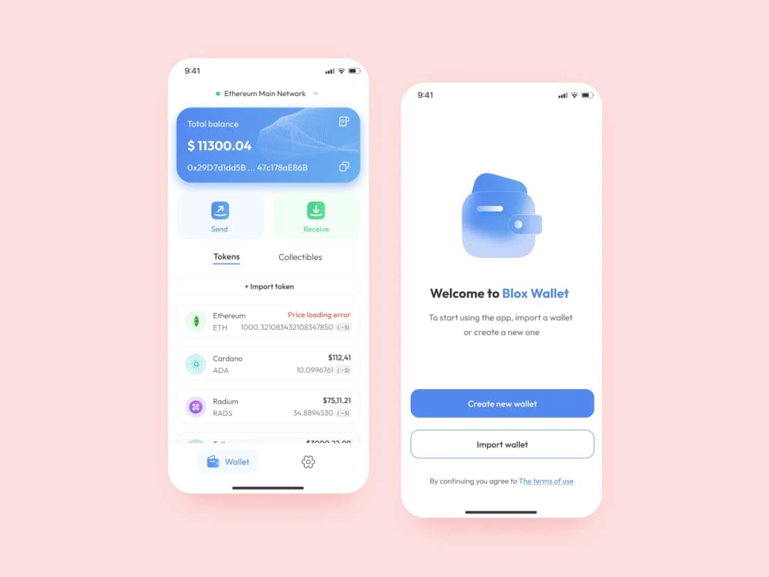 Blox Wallet crypto app: total balance $11,300 with tokens list and a welcome screen to create or import a wallet