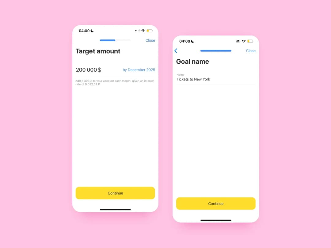 Fintech savings-goal screens: target amount 200 000$ and goal name Tickets to New York
