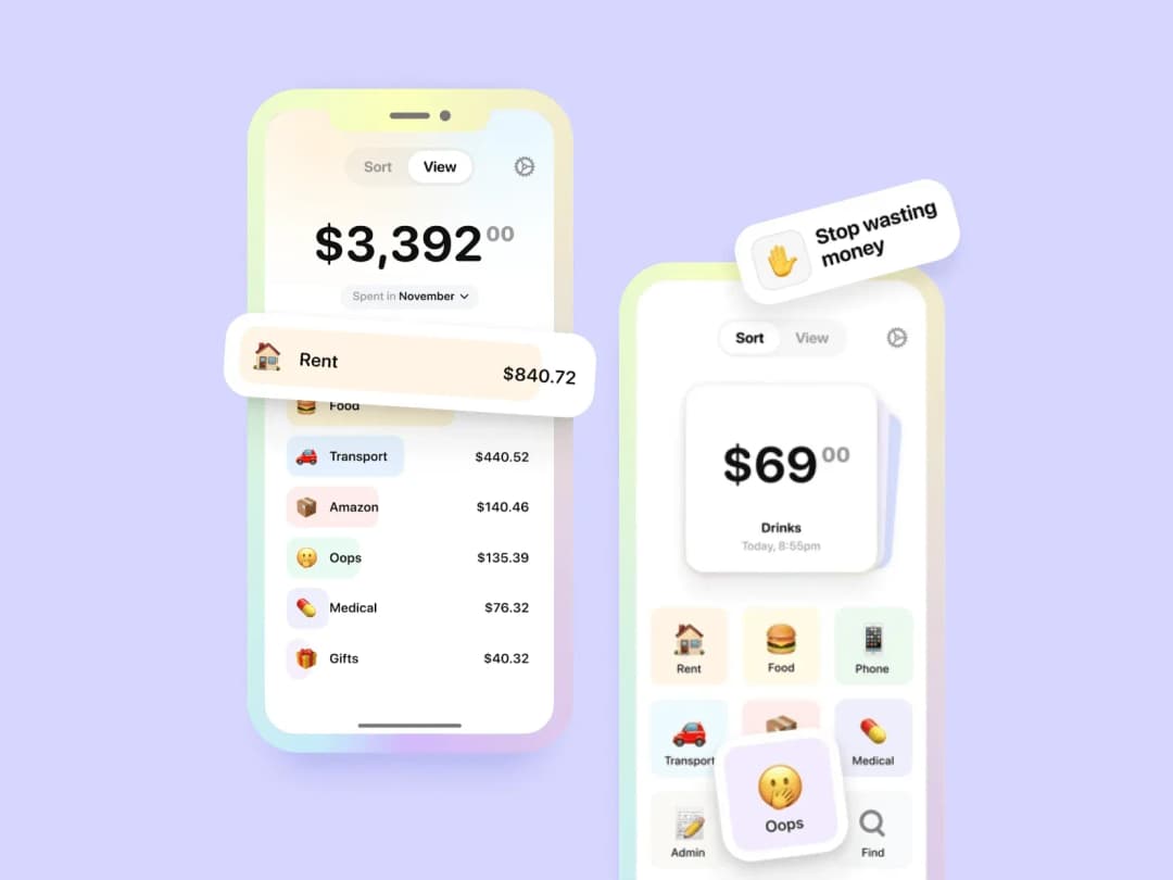 Budgeting app showing $3,392 spent in November by category with a Stop wasting money tip