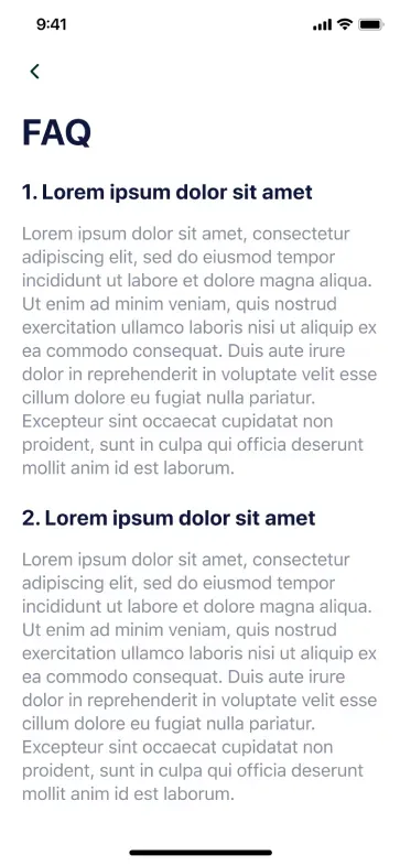 Mobile app FAQ screen