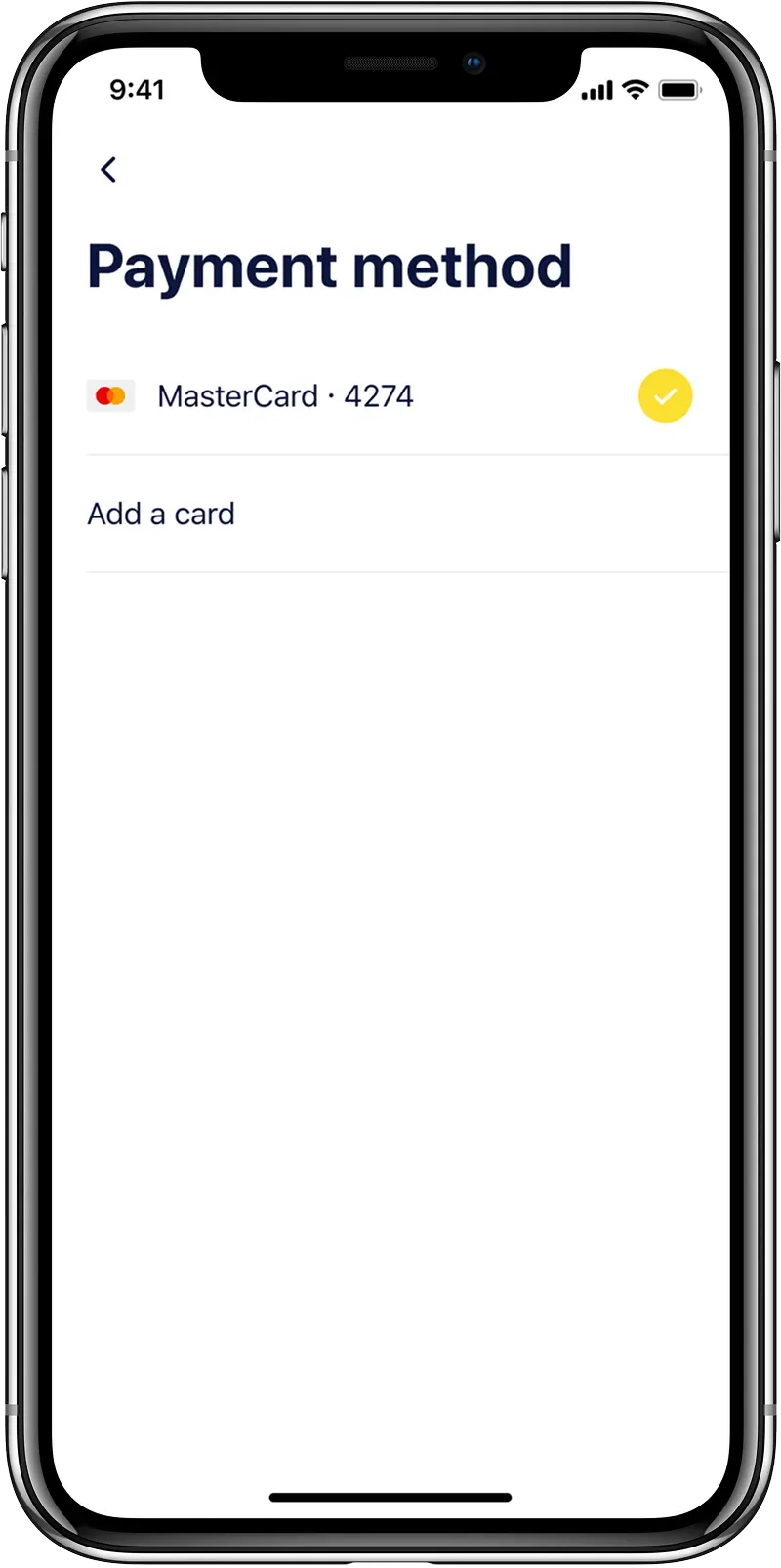 Mobile app payment method screen