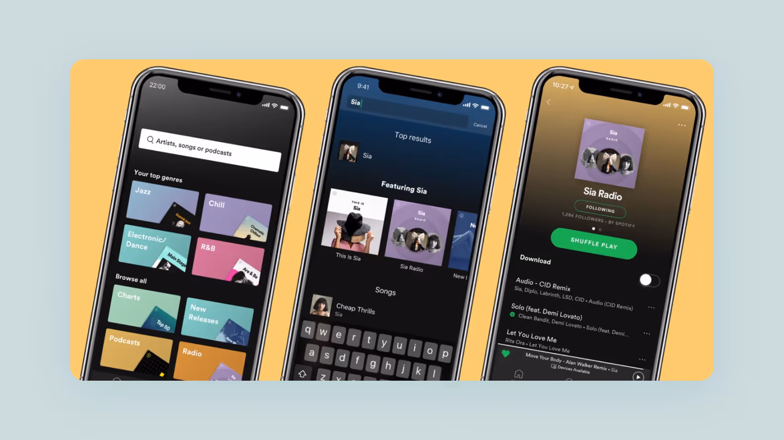 three screens of the Spotify mobile app showing the search and radio features