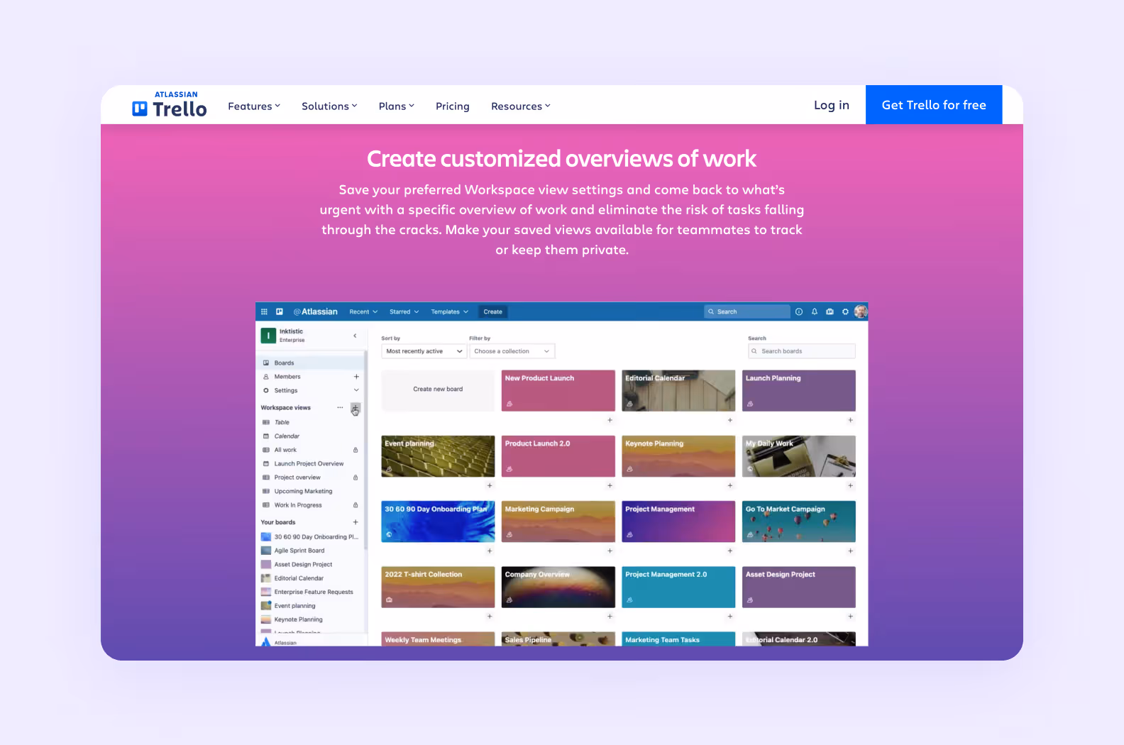 page on trello.com showing customizable workspace options offered by Trello