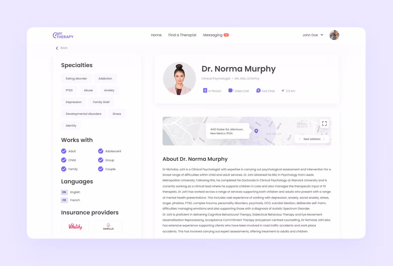 Therapist personal profile in mental health application