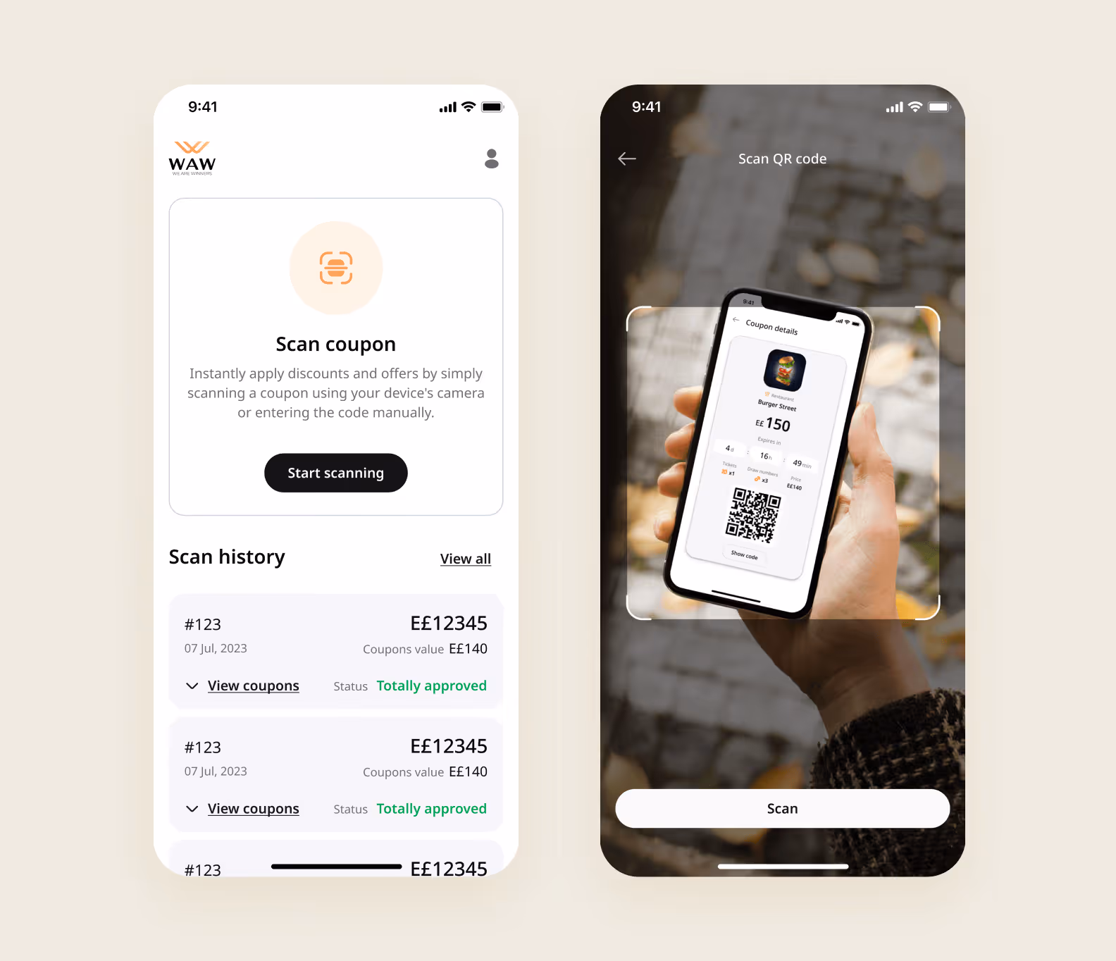 The screens of the coupon-scanning app